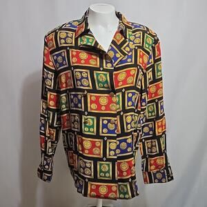 Vintage Talbots 100% Silk Double Breasted Blouse Size 6 Coin Print Collared